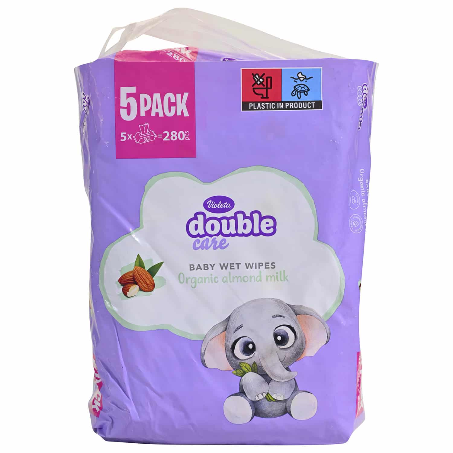 357327d81e7592a6661fbca6215a61db162ccd438802a608d05fb668bf373162 (1) VIOLETA DOUBLE CARE ORGANIC ALMOND MILK влажни марамици 280 парчиња - Image 1