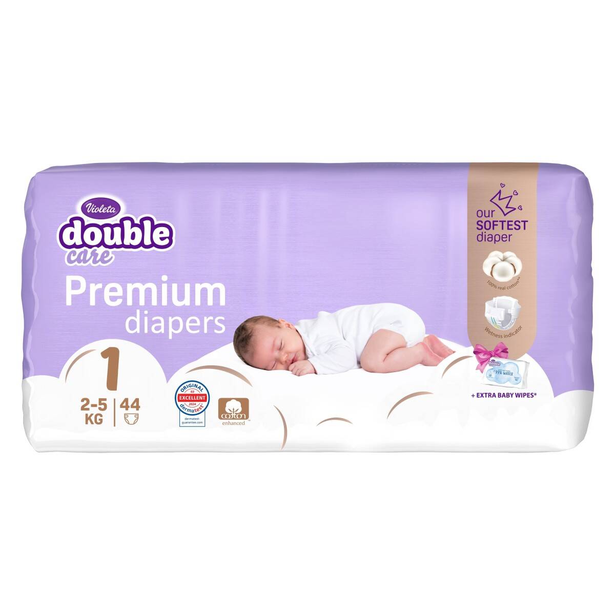 double-care-cotton-bela-violeta-plenice-za-enkratno-uporabo-1 VIOLETA DOUBLE PREMIUM DIAPERS 1 so 44 parcinja - Image 1