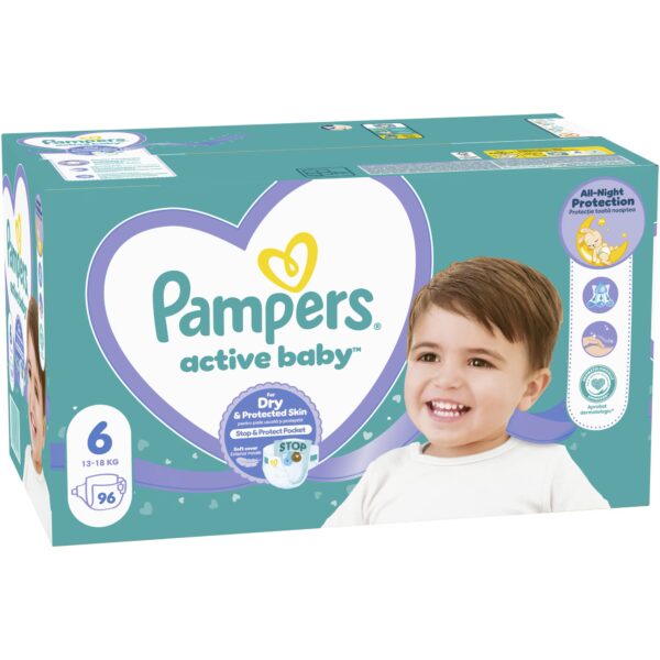 PAMPERS ACTIVE BABY 6 пелени за деца 13-18kg 96 парчиња